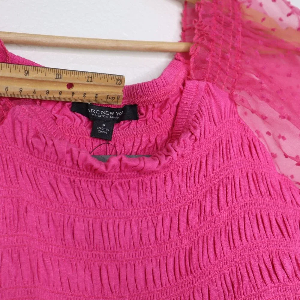 Marc New York Andrew Marc women's top small Smocked Mesh Flutter Sleeve pink nwt - Picture 2 of 8